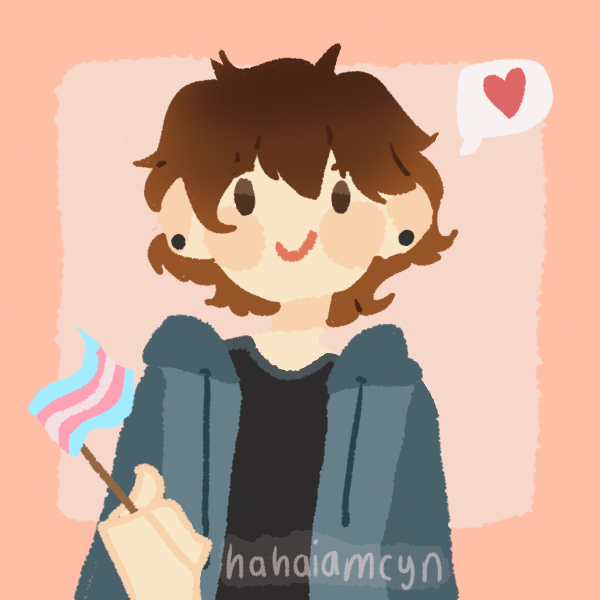 An avatar representing Elliot on a pink background: a drawing of a white boy with brown eyes and hair, wearing a black shirt and a blue hoodie. He is wearing black stud earrings and he is holding a trans flag. There is a bubble text with a heart drawn inside.
